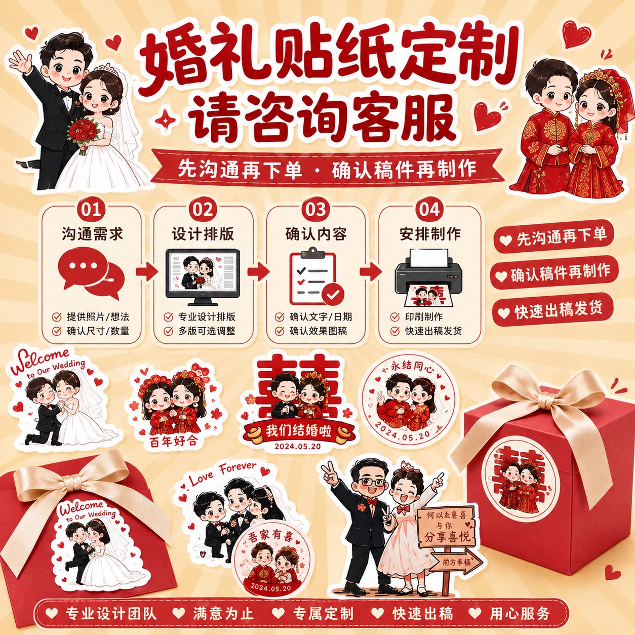 婚礼喜糖贴纸定制婚纱照卡通图案不干胶打印童年相片喜字标签印刷