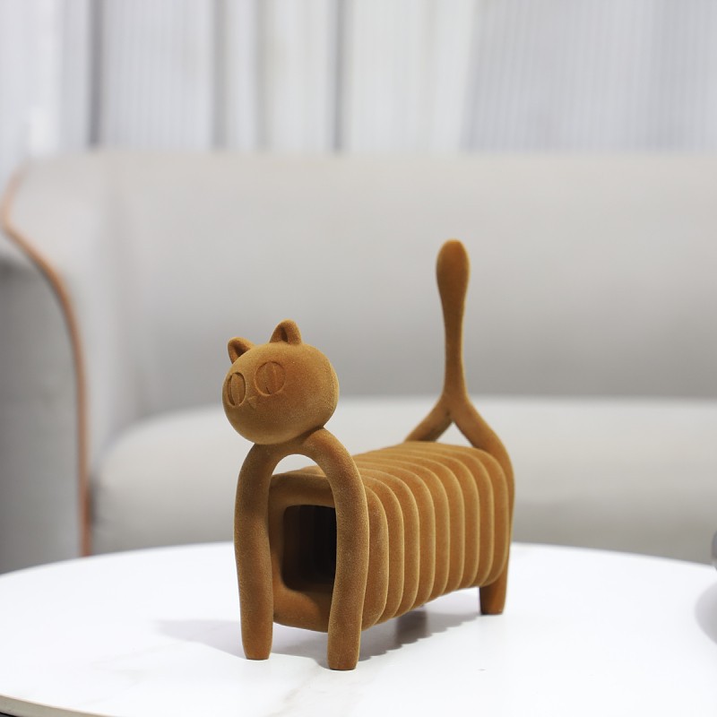 现代简约抽象植绒树脂线条镂空艺术猫装饰摆件客厅玄关家居装饰品