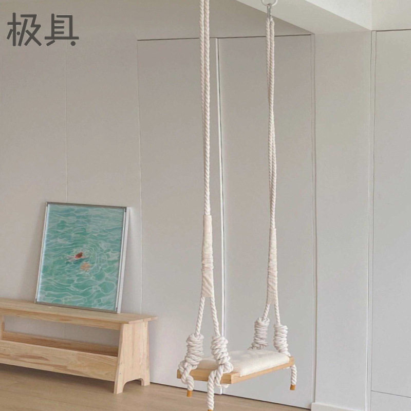 室内儿童成人实木板秋千吊椅房间装饰棉绳玩具家用原木悬挂荡秋千