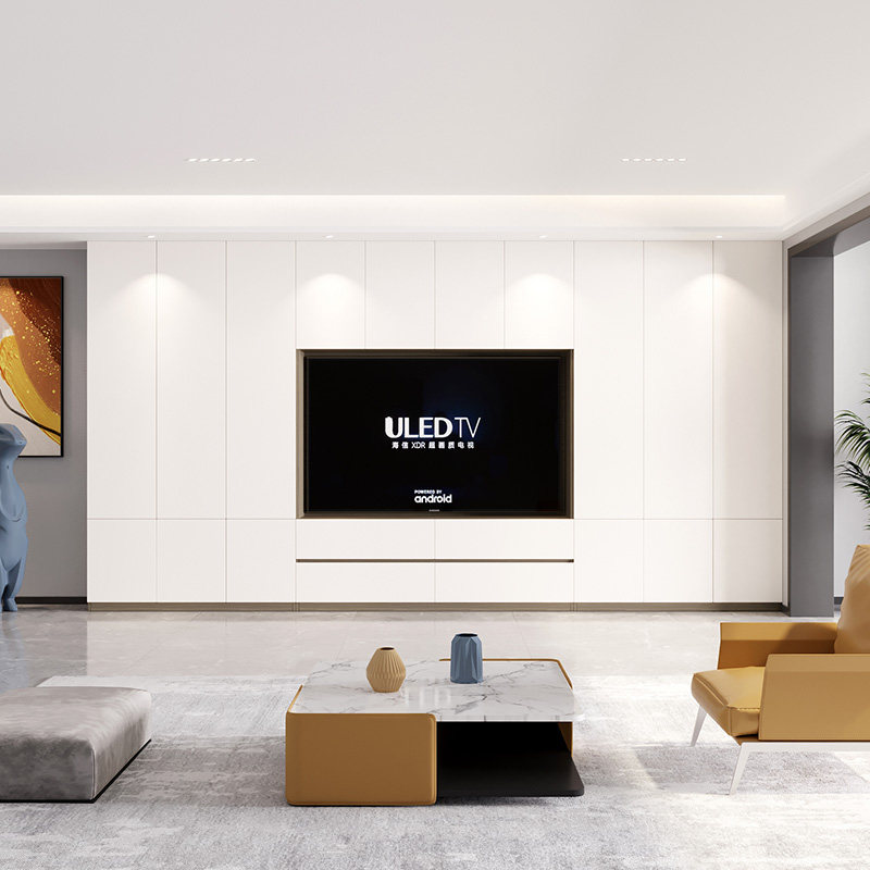 现代简约实木一体整墙组合电视柜客厅背景墙奶油风轻奢储物收纳柜