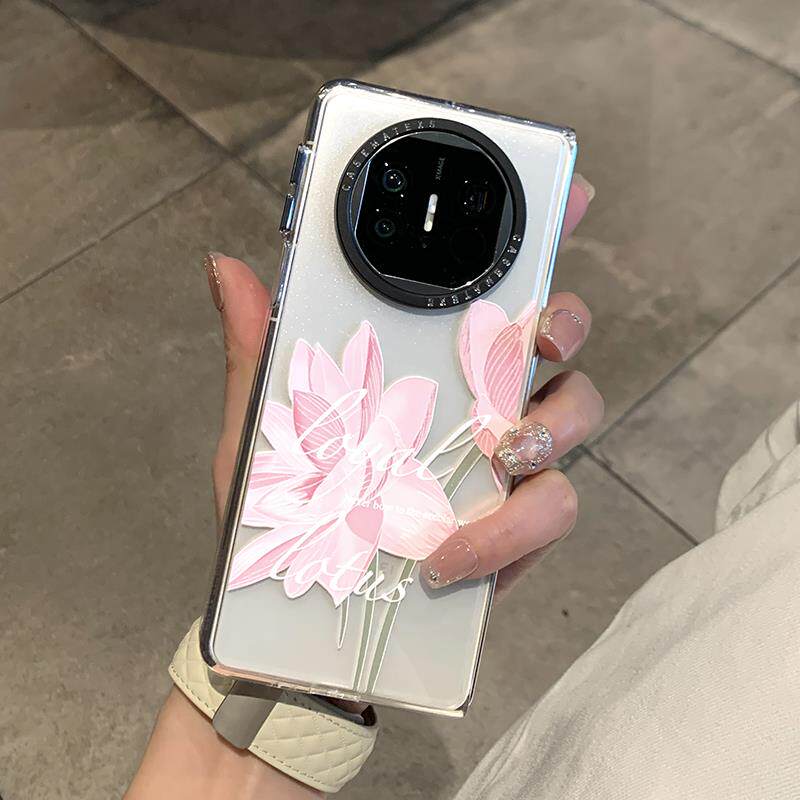 原装正品日本潮牌粉色莲花适用华为MateX5手机壳新款透明X3典藏版折叠屏全包防摔金属镜头框保护套简约插画高