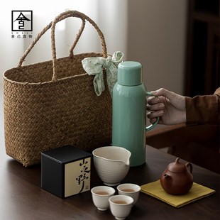 旅行茶具闷茶壶家用女士茶具茶杯紫砂壶户外大容量便携竹编手提篮