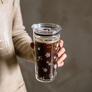 水杯子家用美式 双层隔热玻璃吸管杯大容量夏季 咖啡珍珠奶茶果汁杯