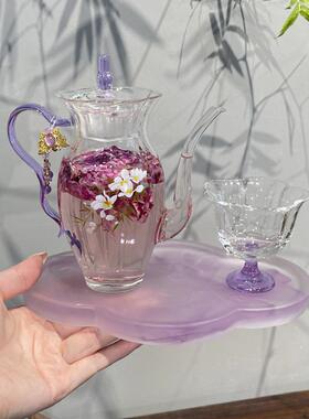 惊蛰 高硼硅春暖花开紫色水仙壶套组一壶一杯玻璃茶具一人饮套装