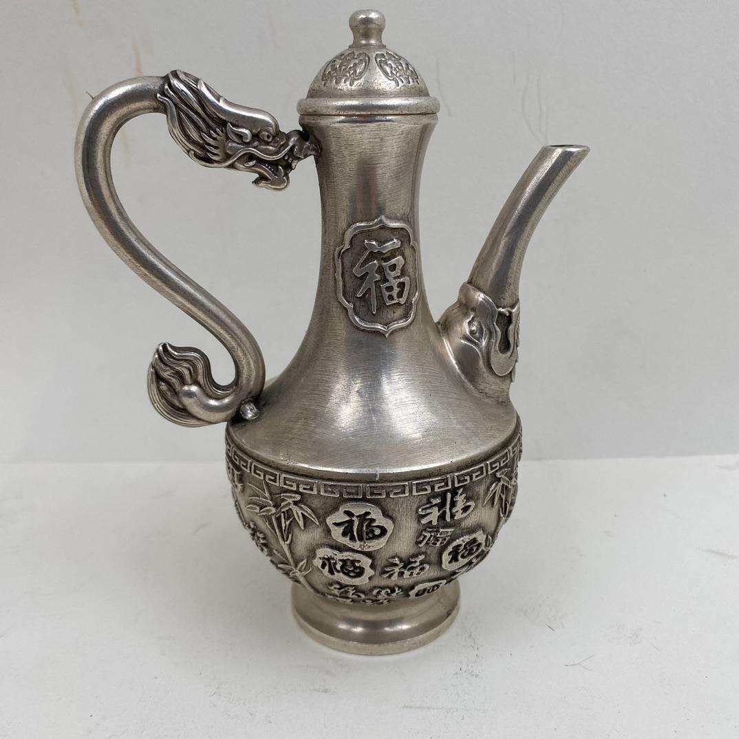 仿古做旧纯铜镀银龙凤高酒壶茶壶家居家里酒具铜器桌面家居摆件