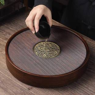 茶盘圆形茶托盘简约家居百搭茶台干泡盛水盘 家用胡桃色储水式