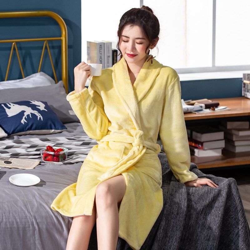 女士浴袍秋冬加厚法兰绒家居v服晨袍大红色睡衣喜庆结婚珊瑚绒睡