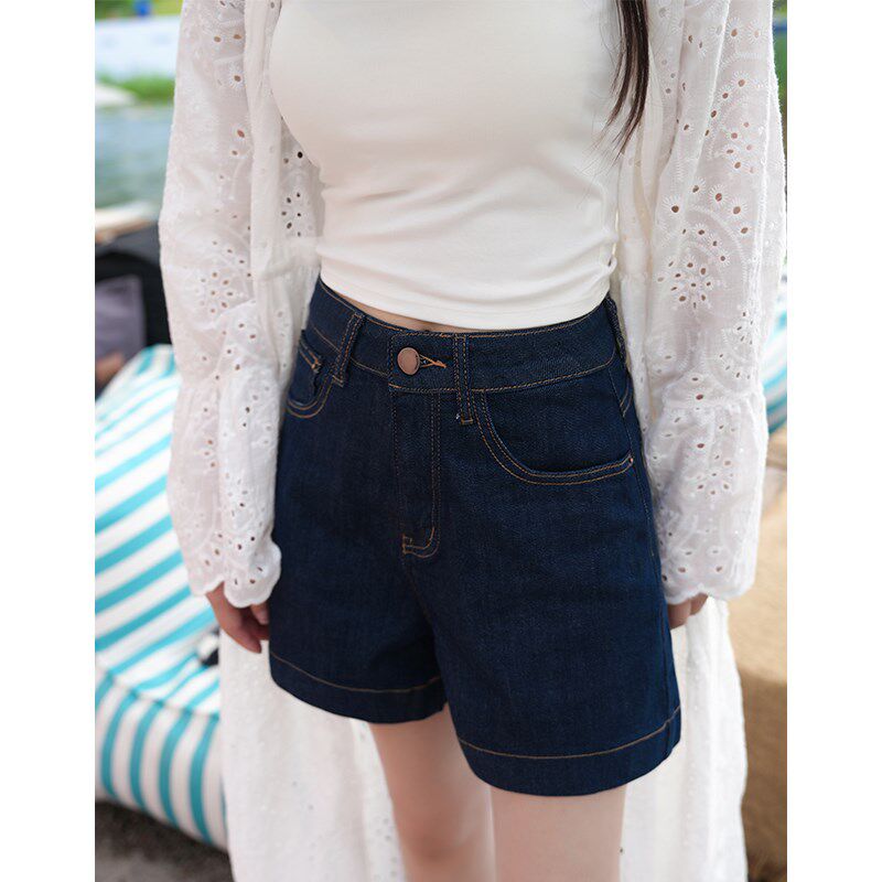 防褪色面料~薄款高腰深蓝色牛仔短裤F女宽松显瘦夏季A字阔腿热裤