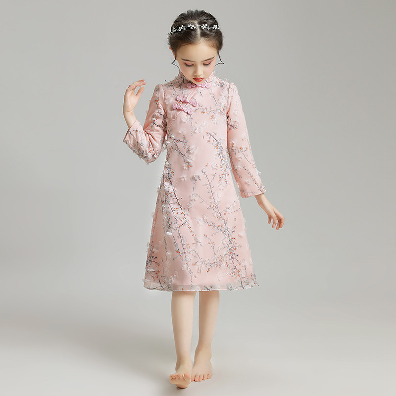女童旗袍c裙儿童晚礼服中国风唐装小花童古筝演出服装加绒加厚洋