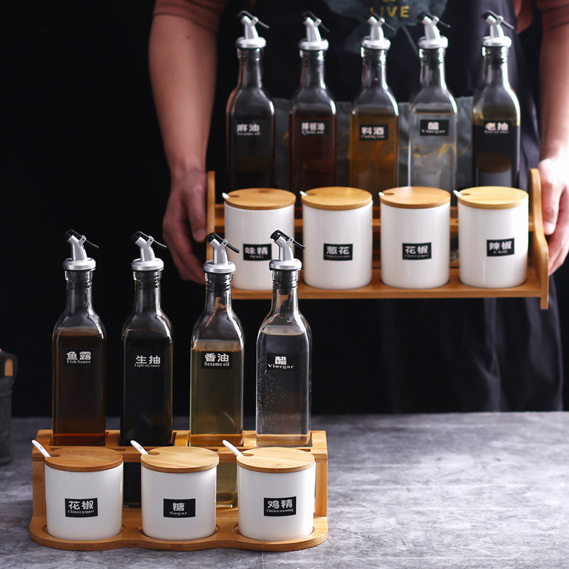 厨房玻璃调料盒套装油瓶组合装创B意家用双层陶瓷调味罐盐罐调料