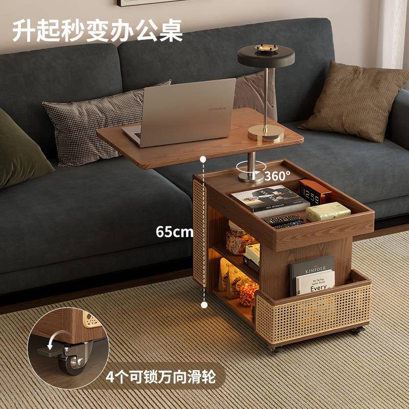 移新款实木降茶几带轮家用旋客厅沙发QZZ边柜转可动小升推车巴士