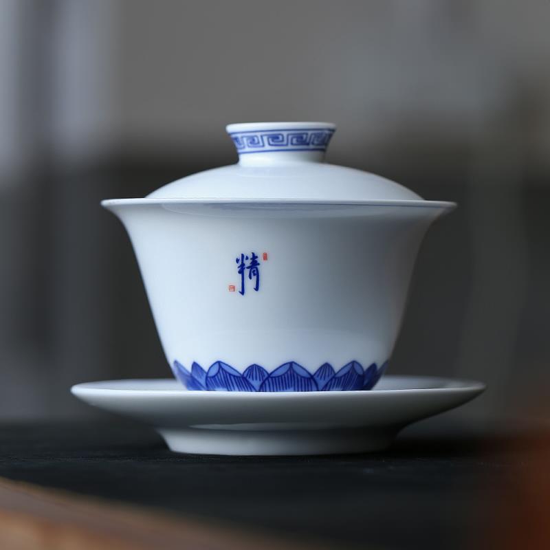 景德镇白瓷盖碗茶杯青花陶瓷大号三才盖碗泡茶杯单个白瓷茶具茶碗