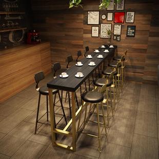 北欧轻奢家用实木铁艺高脚长条桌奶茶店咖啡厅靠墙酒吧台黑金桌椅