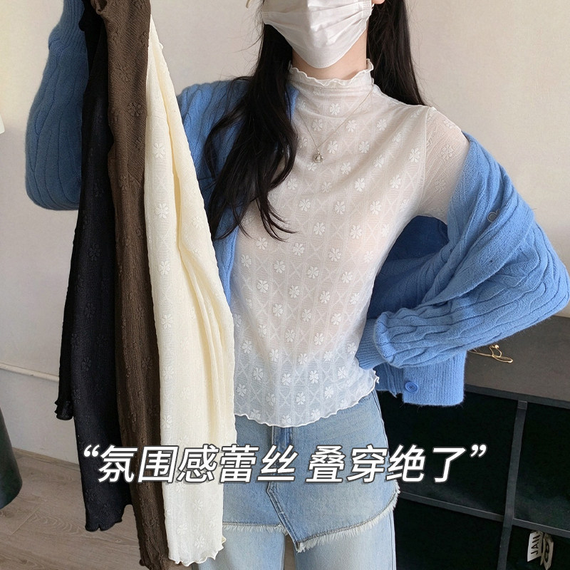 秋冬新款半高领蕾丝打底衫 立体小花提花木耳边正肩显瘦长袖上衣