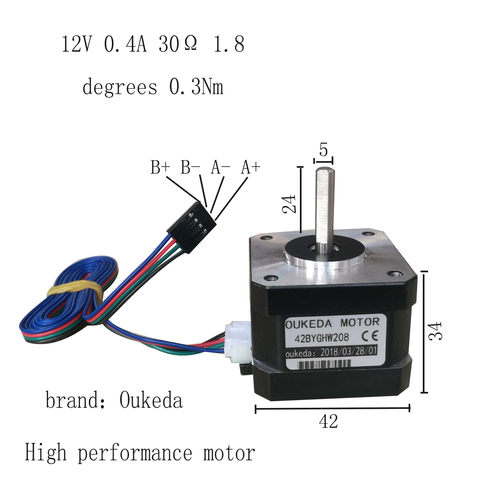 Nema 17 Stepper Motor  1.8° 42mm 0.4A 12V 42BYGHW208
