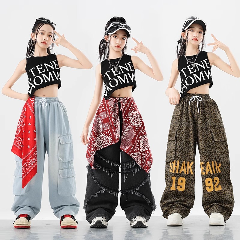 六一女童爵士舞演出服儿童露脐背心时髦走秀摄影服装女孩jazz套装