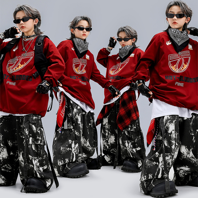 街舞儿童潮服红色套装