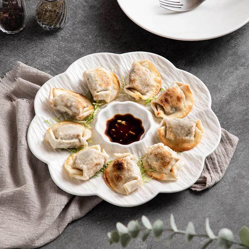白色陶瓷饺子盘带醋碟家用水饺盘高级感早餐盘简约菜盘小吃薯条盘