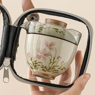 茶壶旅行包 厂家手绘小雏菊快客杯陶瓷户外一壶两杯旅行茶具便携式