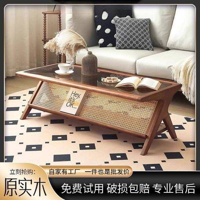 简约现代小户型法式复古茶几实木藤编客厅家用餐桌两用茶几