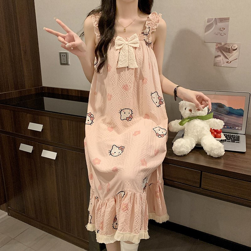 粉色甜美风带胸垫吊带睡裙女款夏季泡泡棉2025新款夏天孕妇睡衣裙