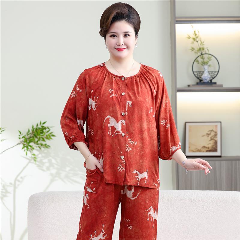 2026新款中老年妈妈睡衣女夏天棉绸家居服老人舒服大码绵绸套装棉