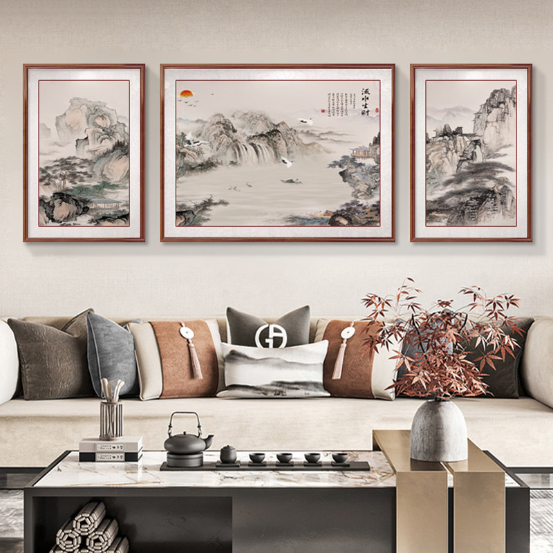 新中式客厅装饰画沙发背景墙挂画三联画办公室风景山水画书房壁画