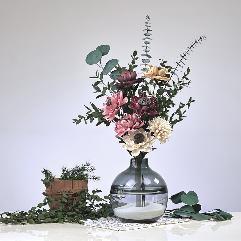 莲蓬荷花干花真花装饰摆件中式混搭永生干花花束客厅摆设餐桌花瓶