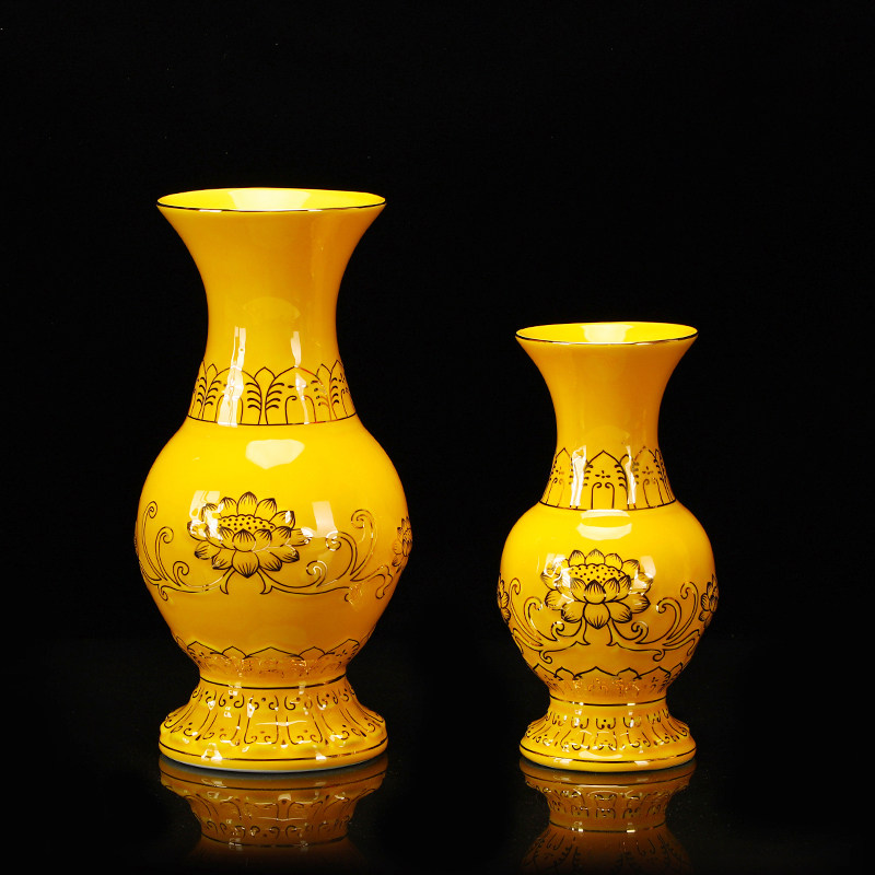 家居室内陶瓷插花器摆件佛堂供佛观音陶瓷浮雕黄色描金莲花瓶