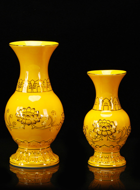 家居室内陶瓷插花器摆件佛堂供佛观音陶瓷浮雕黄色描金莲花瓶