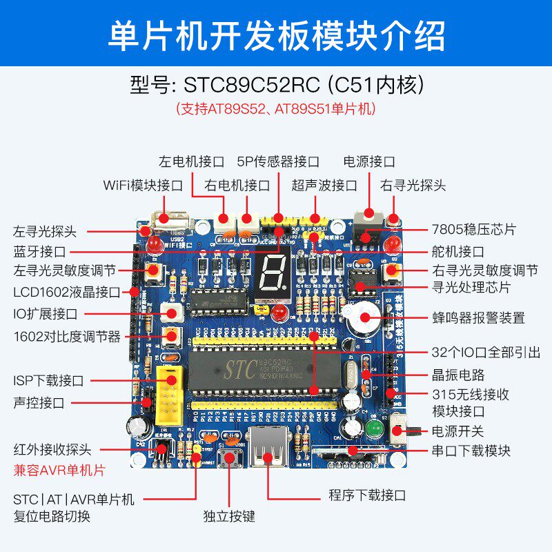 C51智能小车 51单片机开发板 循迹避障遥控 蓝牙机器人单片机套件