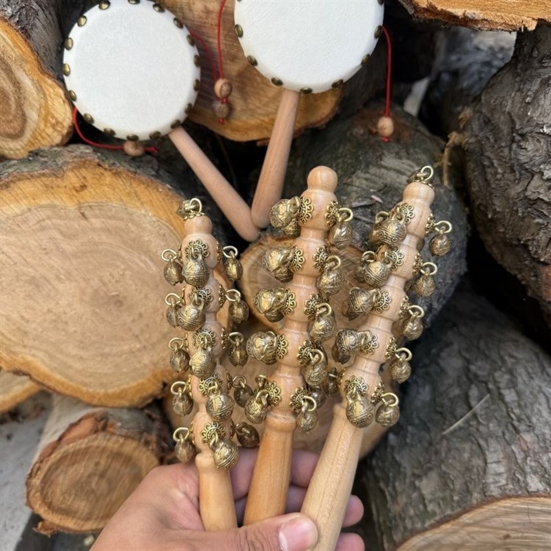 纯手工桃木黄铜哗啦棒桃木拨浪鼓羊皮老式复古铃铛婴儿