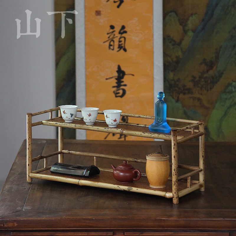 梅鹿竹制双层茶杯架子茶架茶具收纳架紫砂壶展示架功夫茶道置物架