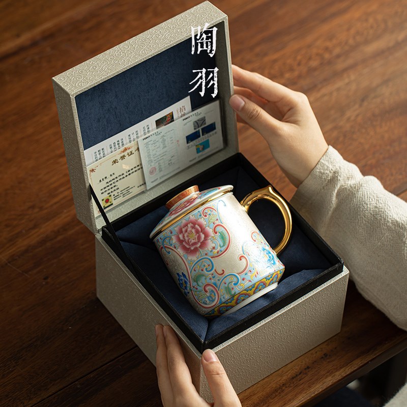 高档鎏银掐丝珐琅彩泡茶杯个人专用陶瓷茶水分离带盖办公室办公杯
