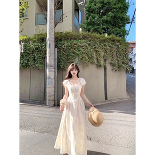 百搭收腰显瘦A字长裙子 韩版 复古甜美风泡泡袖 连衣裙2025夏季 新款