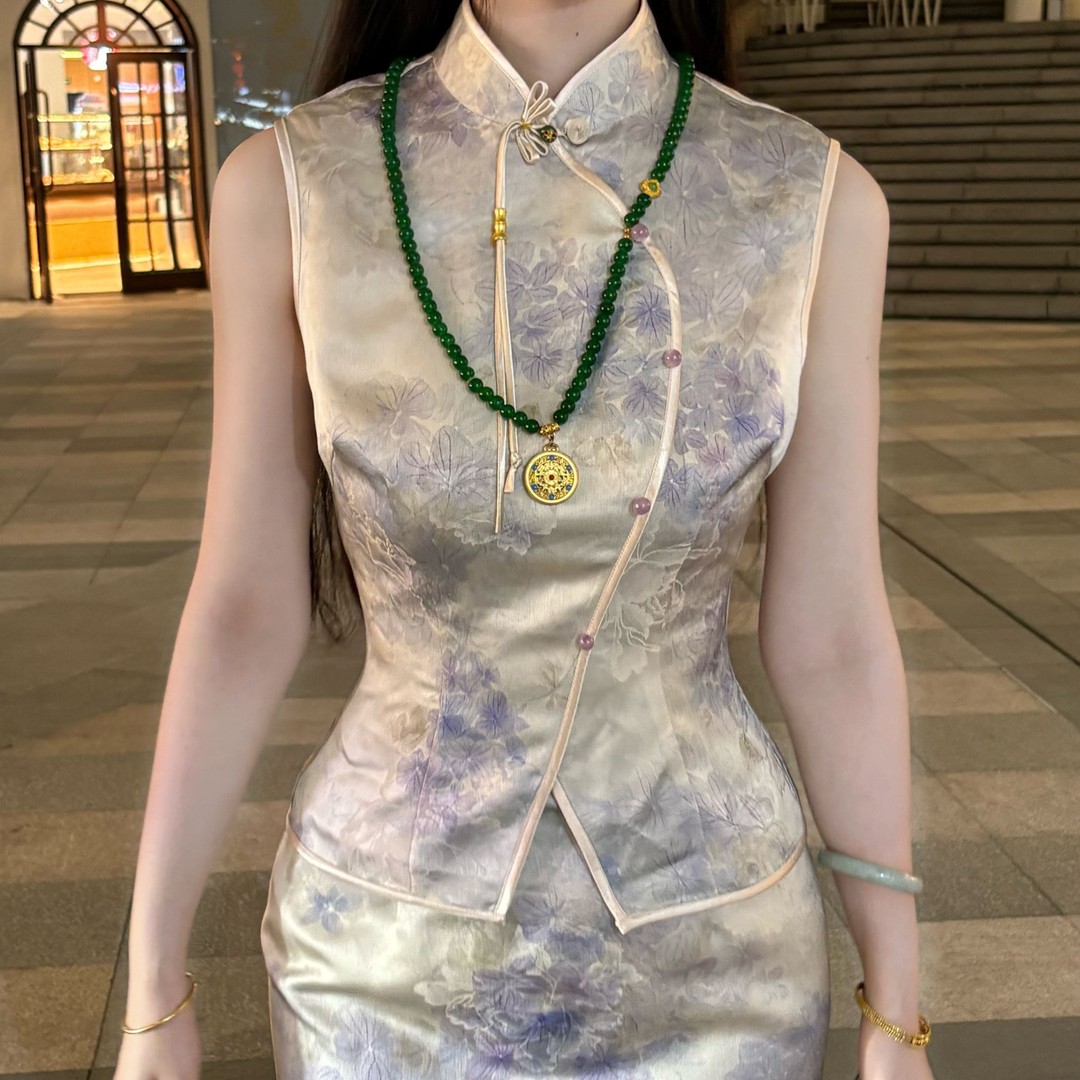 LHMknk1画报夫人原创自制夏显瘦国风旗袍新中式两件套装 白羽紫花