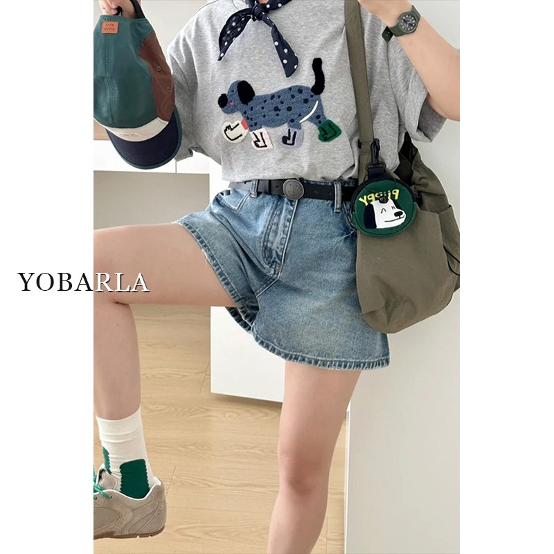 蓝色牛仔短裤女夏季新款大码胖mm遮肚子显瘦梨形身材a字阔腿热裤