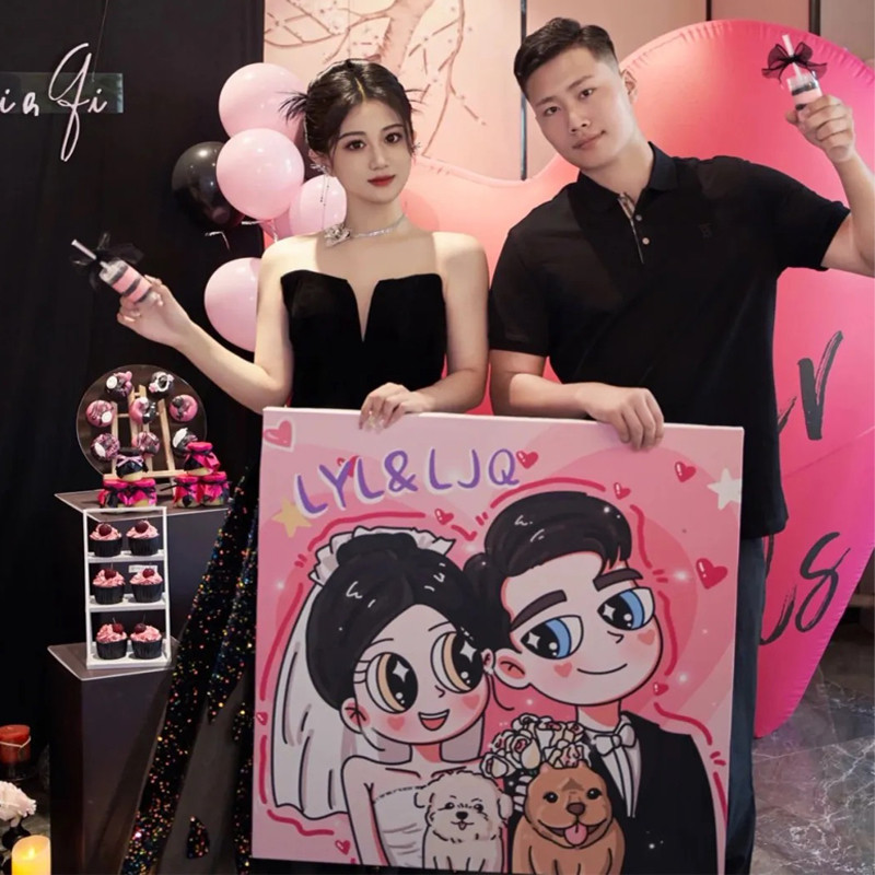 星蝶公主装饰画手绘定制卡通情侣照片挂油画送闺蜜结婚订新婚