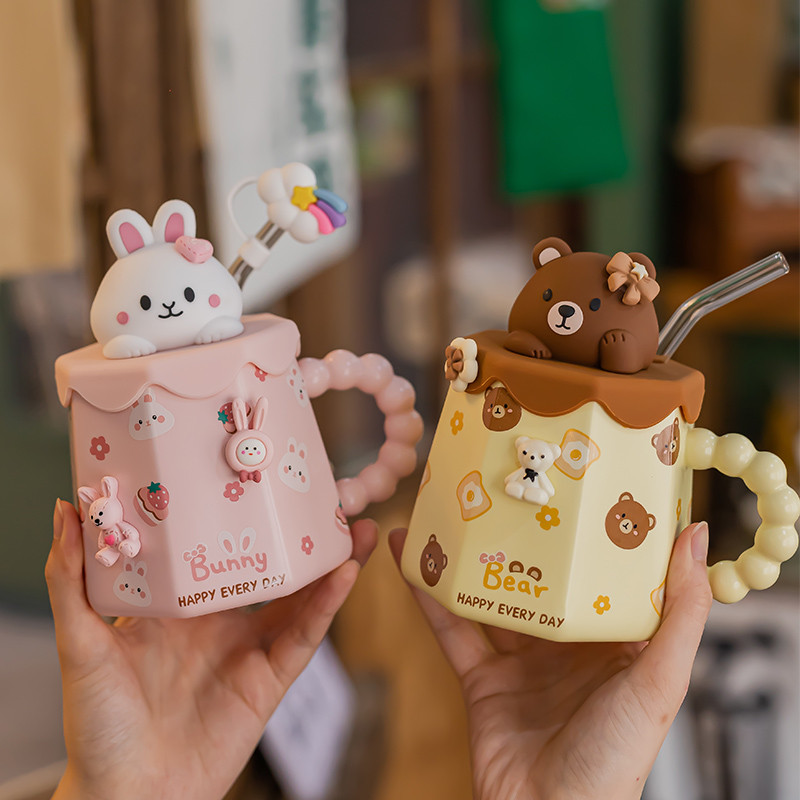 可爱陶瓷马克杯女生高颜值带盖吸管水杯2022新款儿童家用咖啡