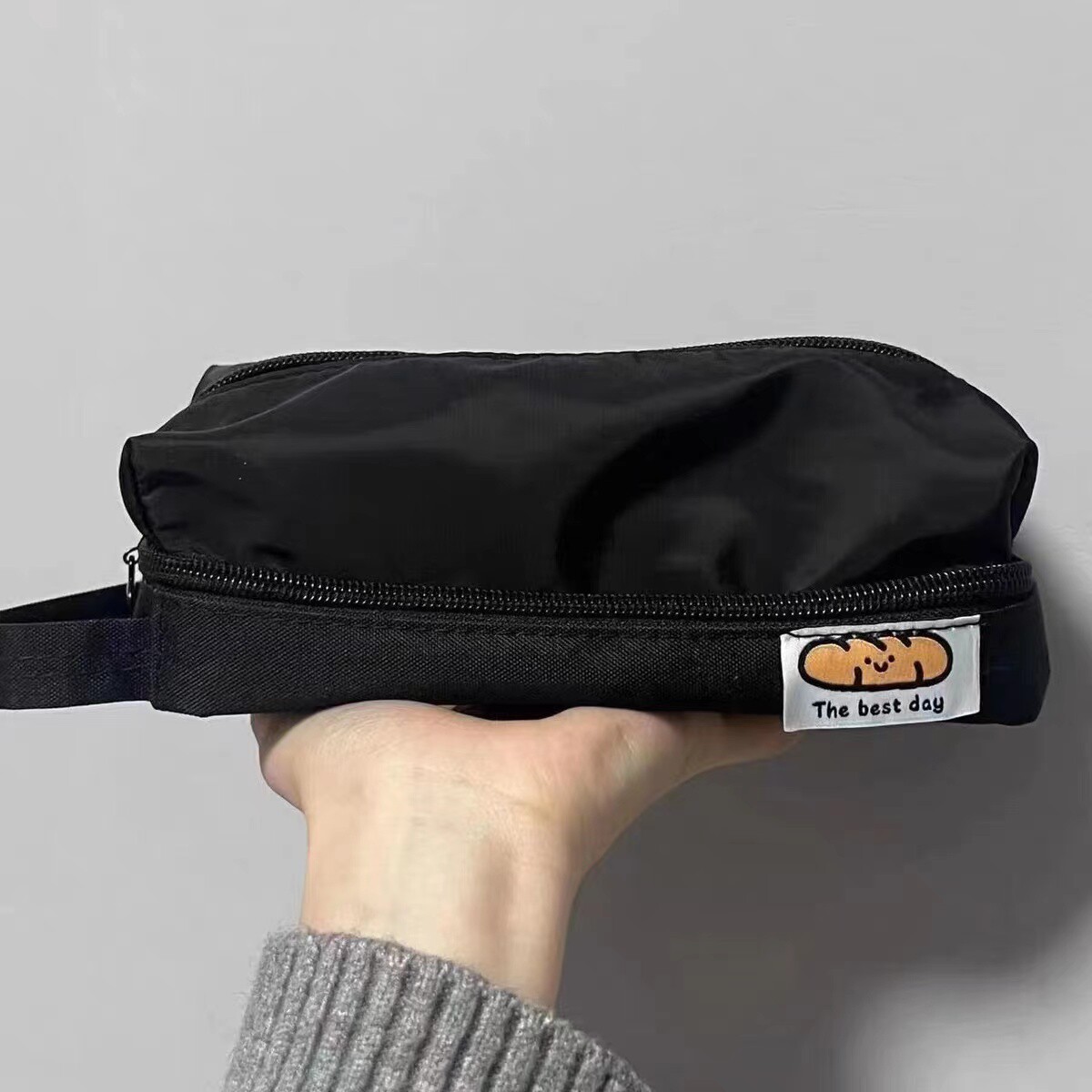 康诗丹 复古日系ins风黑色耐脏笔袋双层拉链大容量多功能文具盒简