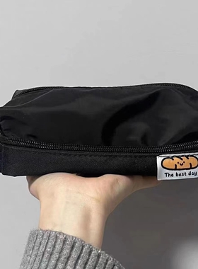 康诗丹 复古日系ins风黑色耐脏笔袋双层拉链大容量多功能文具盒简