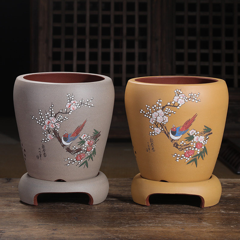 精品紫砂花盆君子兰花盆彩绘创意兰花盆名家手工绿植花盆中国风