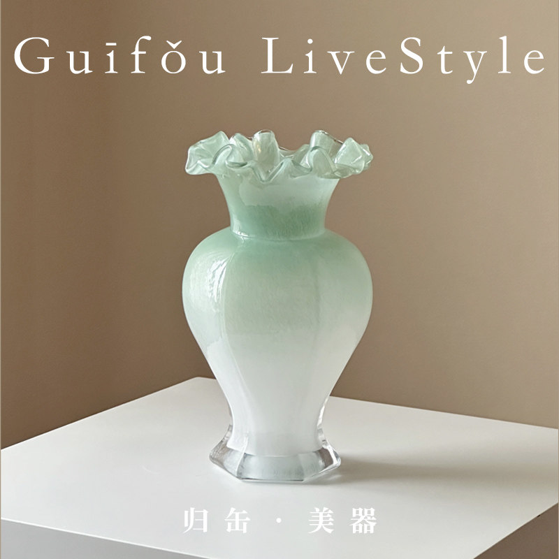 归缶珠光炫彩手工中古芬顿玻璃花瓶鱼尾花器轻奢家居摆件餐桌装饰