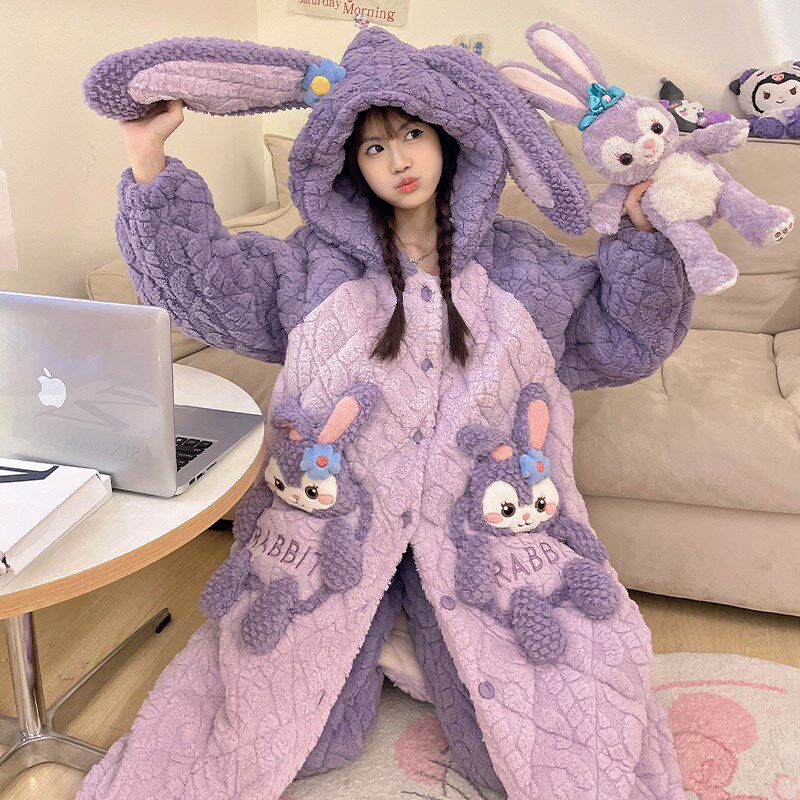 秋冬季珊瑚绒睡衣女2024新款加绒加厚三层夹棉浴袍睡袍家居服冬天
