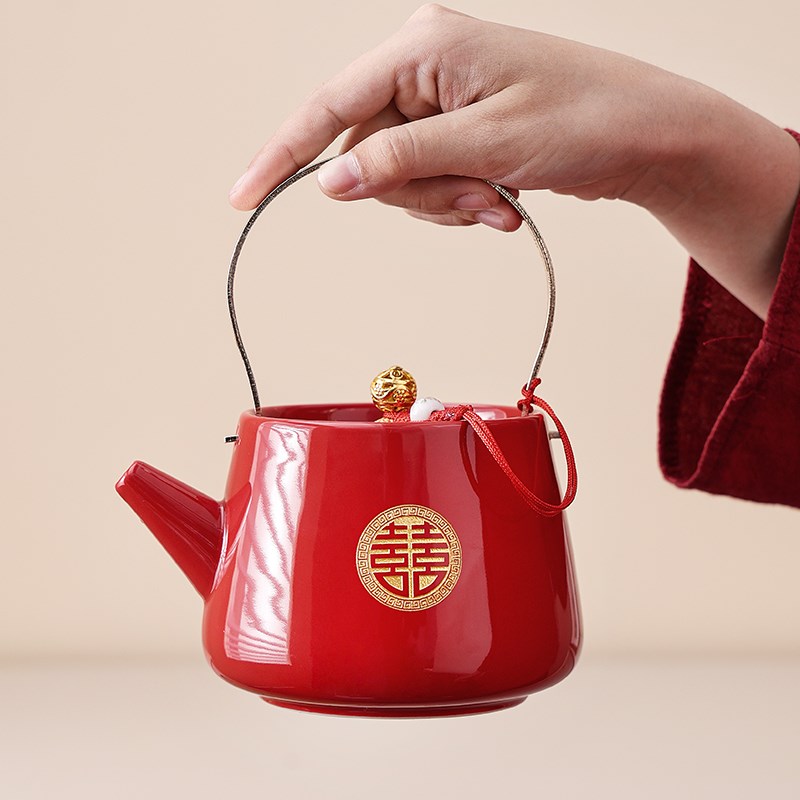 结婚茶具茶壶套装新人改口敬茶杯红色陶瓷喜茶壶茶杯婚庆陪嫁礼品