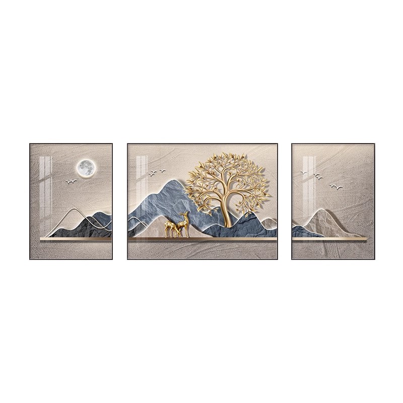 现代轻奢客厅装饰画2025新款沙发背景墙上壁画高级感三联挂画福禄