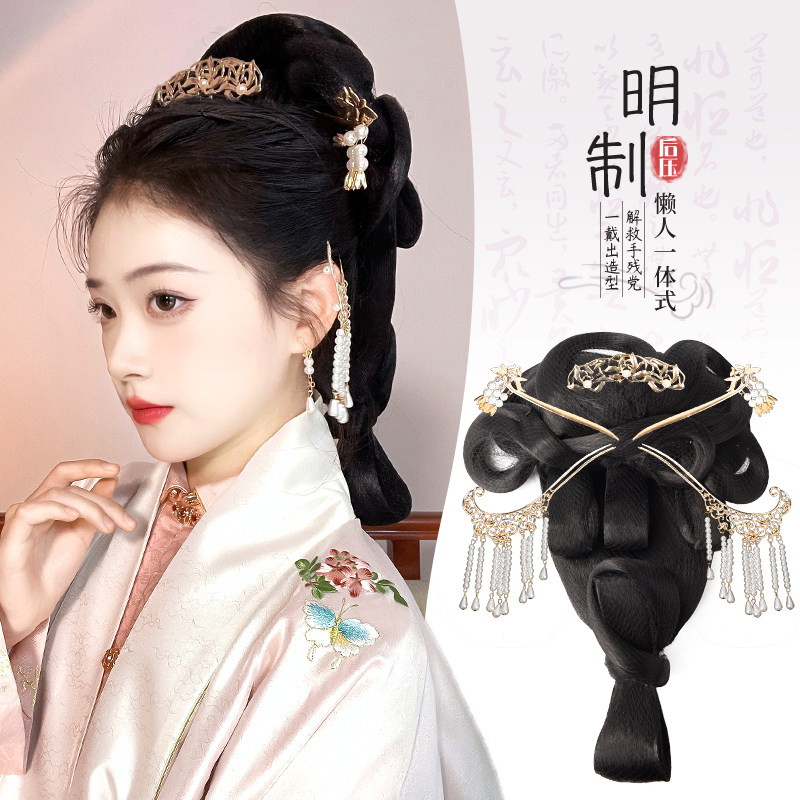 汉服假发包古装一体发箍古风明制头饰后压富贵发髻垂挂后脑勺发包