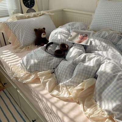 仙里仙气~韩式浅蓝小格子全棉纯棉四件套水洗棉花边款少女心被套