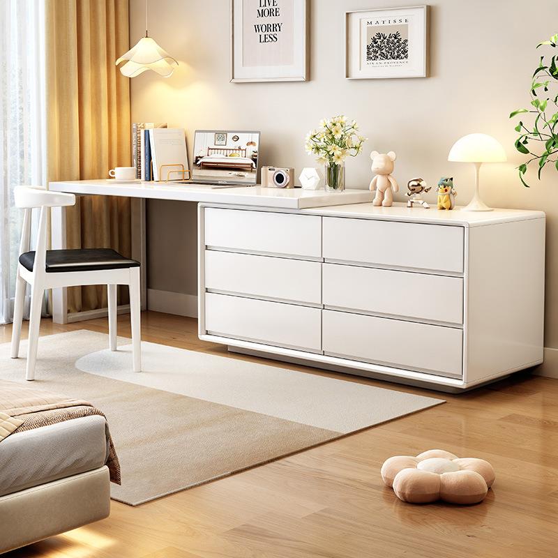 奶油风实木梳妆台现代简约床头收纳斗柜化妆台一体书桌伸缩化妆桌