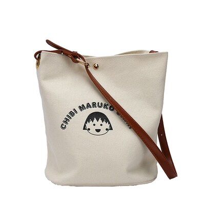 文艺日系卡通简约水桶帆布包半熟男女款简约环保束口袋单肩包通勤